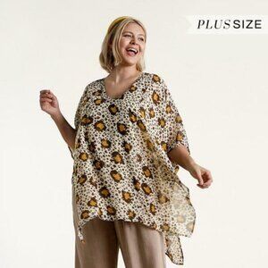 NWT Umgee Plus Tan Mix Sheer Animal Print Kaftan Top